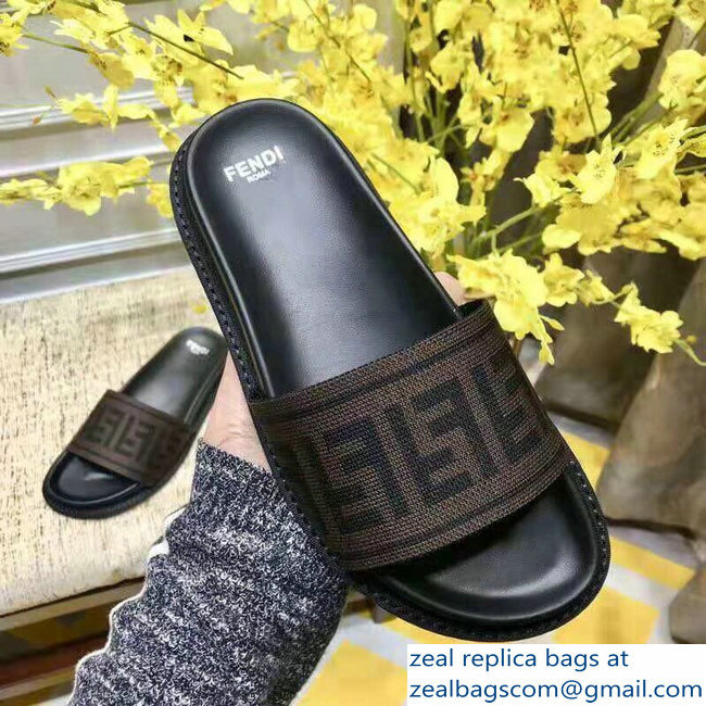 Fendi FF Logo Canvas Slides Brown 2019 - Click Image to Close