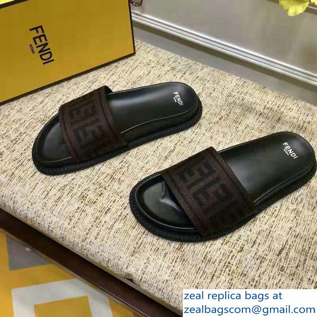 Fendi FF Logo Canvas Slides Brown 2019 - Click Image to Close