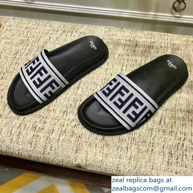 Fendi FF Logo Canvas Slides White 2019 - Click Image to Close