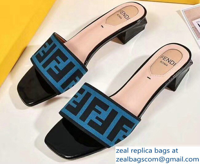 Fendi Heel 3.5cm Square-Toe FF Logo Slides Blue 2019