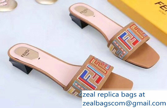 Fendi Heel 3.5cm Square-Toe Multicolour FF Logo Slides Apricot 2019 - Click Image to Close