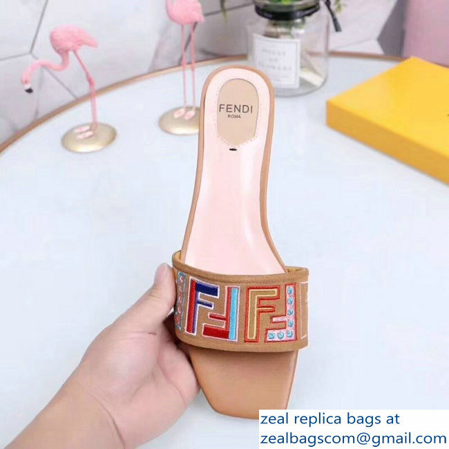 Fendi Heel 3.5cm Square-Toe Multicolour FF Logo Slides Apricot 2019 - Click Image to Close