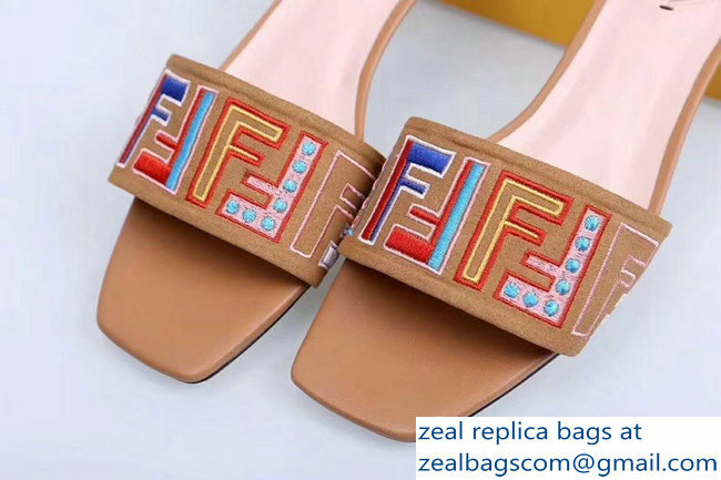 Fendi Heel 3.5cm Square-Toe Multicolour FF Logo Slides Apricot 2019