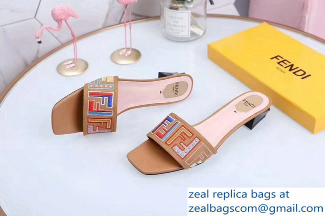 Fendi Heel 3.5cm Square-Toe Multicolour FF Logo Slides Apricot 2019