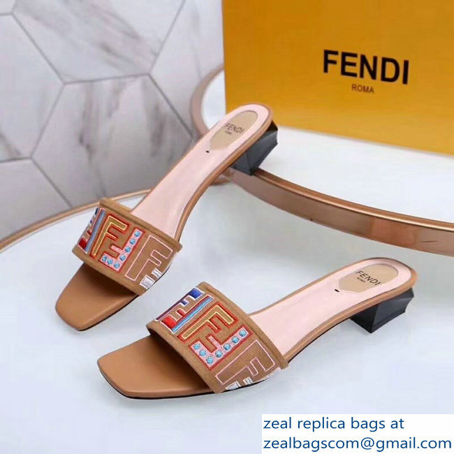 Fendi Heel 3.5cm Square-Toe Multicolour FF Logo Slides Apricot 2019