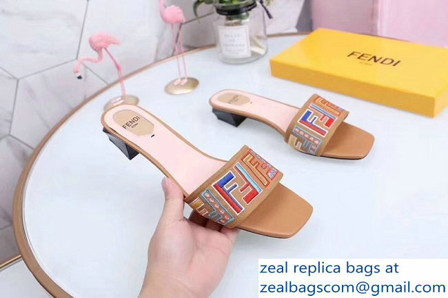 Fendi Heel 3.5cm Square-Toe Multicolour FF Logo Slides Apricot 2019 - Click Image to Close