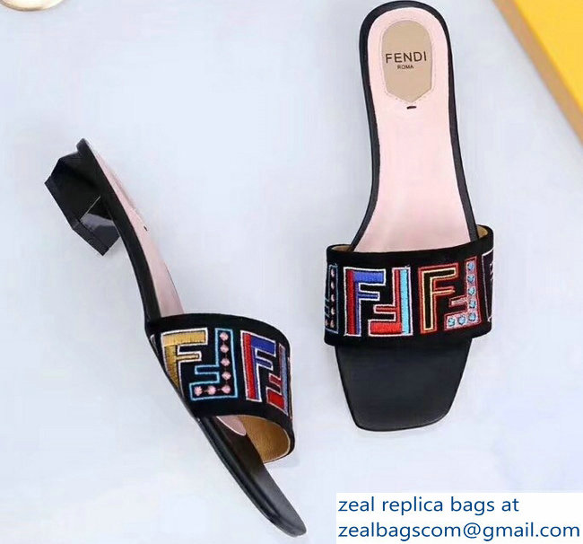 Fendi Heel 3.5cm Square-Toe Multicolour FF Logo Slides Black 2019 - Click Image to Close