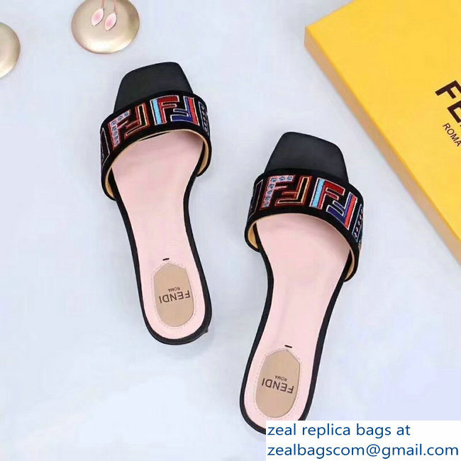 Fendi Heel 3.5cm Square-Toe Multicolour FF Logo Slides Black 2019 - Click Image to Close