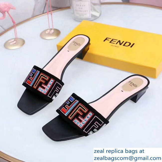 Fendi Heel 3.5cm Square-Toe Multicolour FF Logo Slides Black 2019