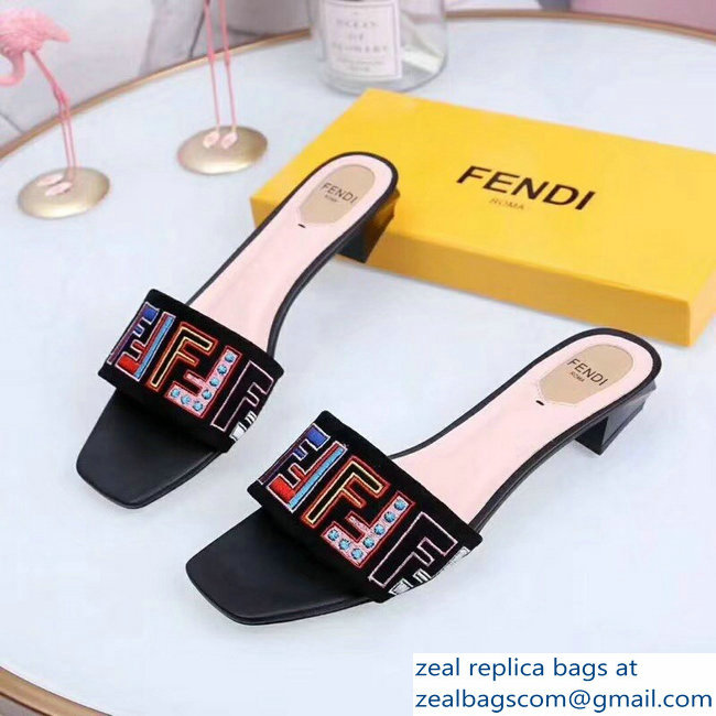 Fendi Heel 3.5cm Square-Toe Multicolour FF Logo Slides Black 2019 - Click Image to Close