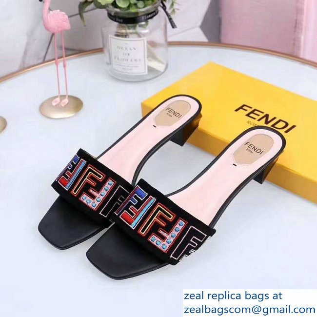 Fendi Heel 3.5cm Square-Toe Multicolour FF Logo Slides Black 2019