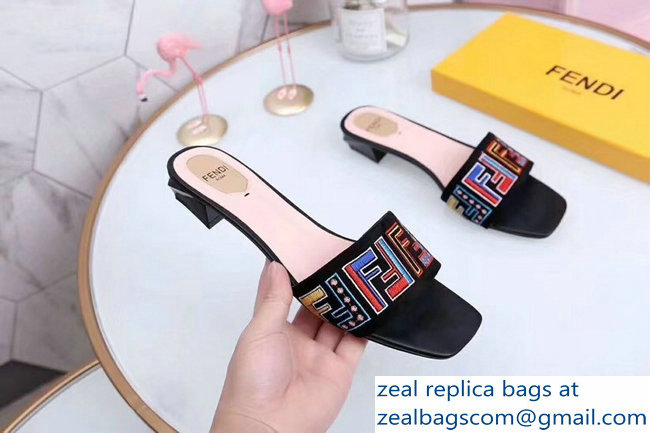 Fendi Heel 3.5cm Square-Toe Multicolour FF Logo Slides Black 2019