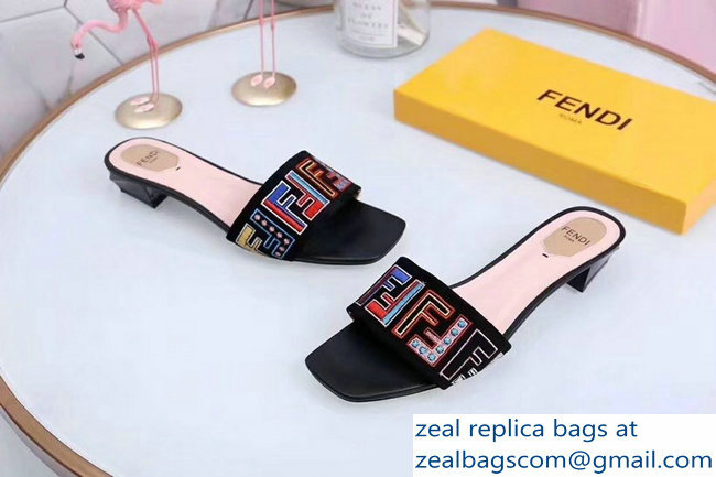 Fendi Heel 3.5cm Square-Toe Multicolour FF Logo Slides Black 2019 - Click Image to Close