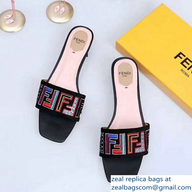 Fendi Heel 3.5cm Square-Toe Multicolour FF Logo Slides Black 2019 - Click Image to Close