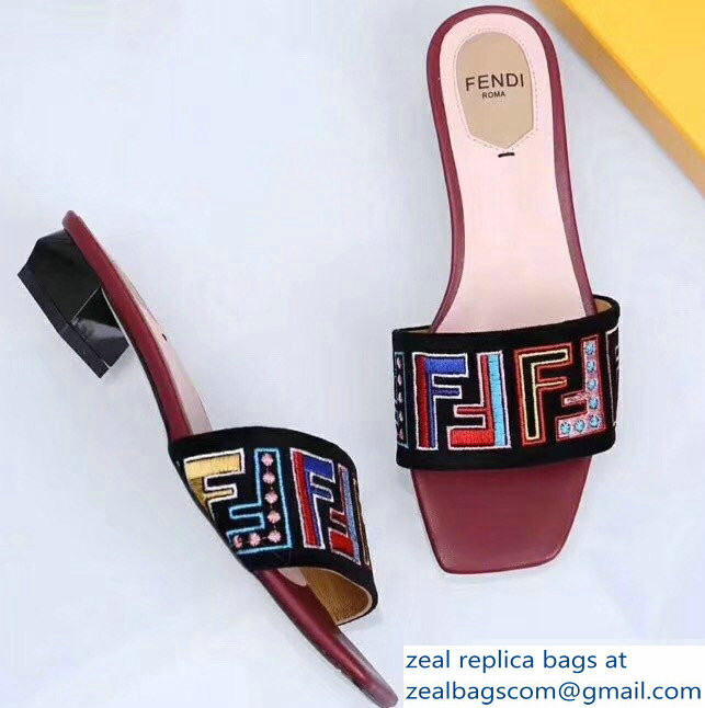 Fendi Heel 3.5cm Square-Toe Multicolour FF Logo Slides Black/Red 2019