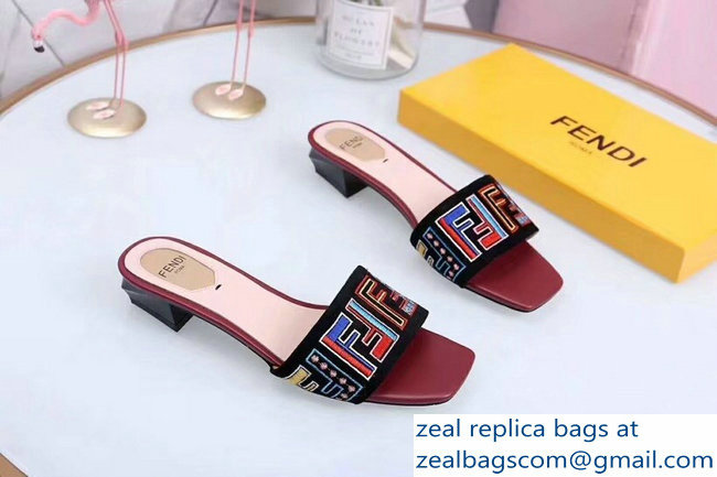 Fendi Heel 3.5cm Square-Toe Multicolour FF Logo Slides Black/Red 2019