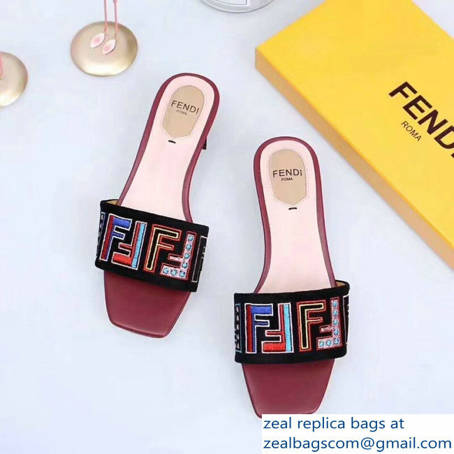 Fendi Heel 3.5cm Square-Toe Multicolour FF Logo Slides Black/Red 2019