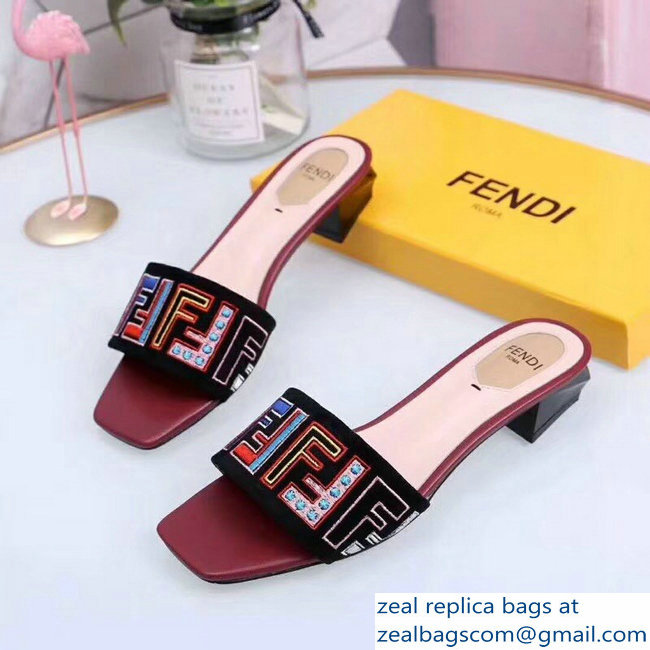 Fendi Heel 3.5cm Square-Toe Multicolour FF Logo Slides Black/Red 2019