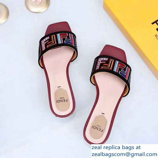 Fendi Heel 3.5cm Square-Toe Multicolour FF Logo Slides Black/Red 2019 - Click Image to Close