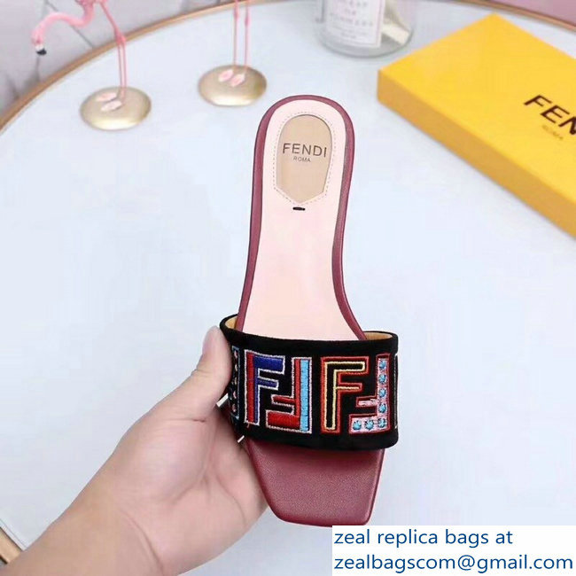 Fendi Heel 3.5cm Square-Toe Multicolour FF Logo Slides Black/Red 2019 - Click Image to Close