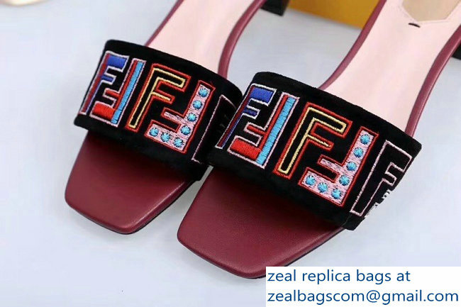 Fendi Heel 3.5cm Square-Toe Multicolour FF Logo Slides Black/Red 2019