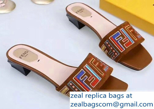 Fendi Heel 3.5cm Square-Toe Multicolour FF Logo Slides Brown 2019