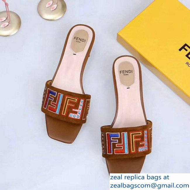 Fendi Heel 3.5cm Square-Toe Multicolour FF Logo Slides Brown 2019 - Click Image to Close