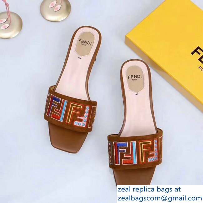 Fendi Heel 3.5cm Square-Toe Multicolour FF Logo Slides Brown 2019