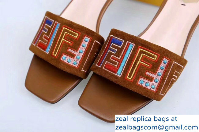 Fendi Heel 3.5cm Square-Toe Multicolour FF Logo Slides Brown 2019 - Click Image to Close