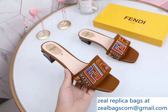 Fendi Heel 3.5cm Square-Toe Multicolour FF Logo Slides Brown 2019