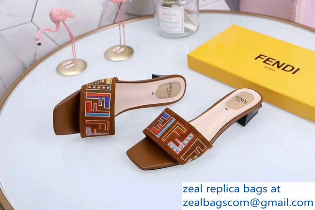 Fendi Heel 3.5cm Square-Toe Multicolour FF Logo Slides Brown 2019 - Click Image to Close