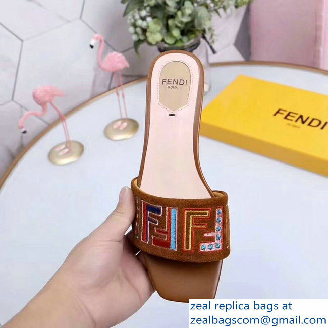 Fendi Heel 3.5cm Square-Toe Multicolour FF Logo Slides Brown 2019 - Click Image to Close