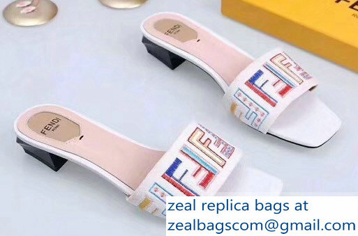 Fendi Heel 3.5cm Square-Toe Multicolour FF Logo Slides White 2019 - Click Image to Close