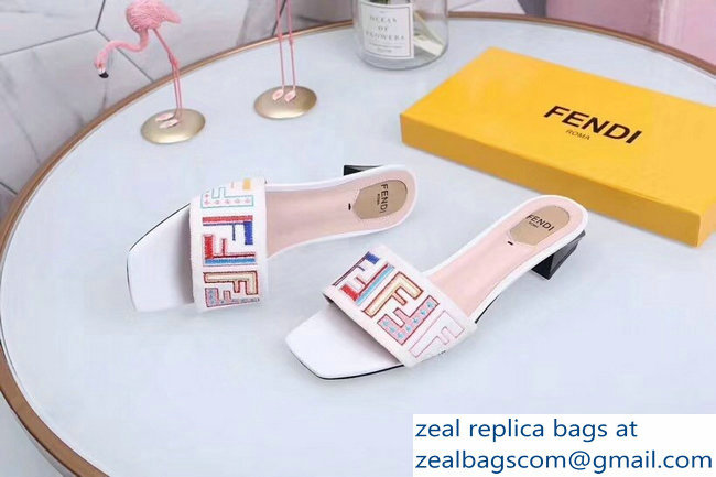 Fendi Heel 3.5cm Square-Toe Multicolour FF Logo Slides White 2019