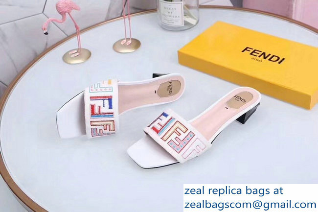 Fendi Heel 3.5cm Square-Toe Multicolour FF Logo Slides White 2019 - Click Image to Close