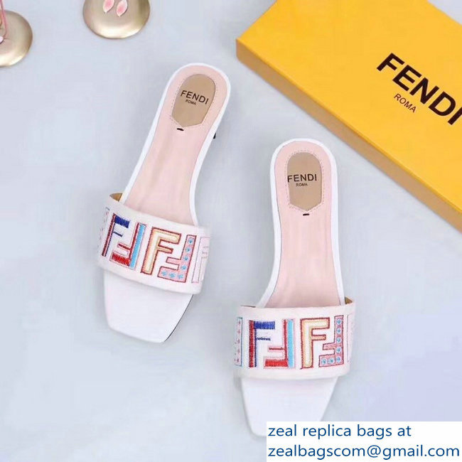 Fendi Heel 3.5cm Square-Toe Multicolour FF Logo Slides White 2019 - Click Image to Close