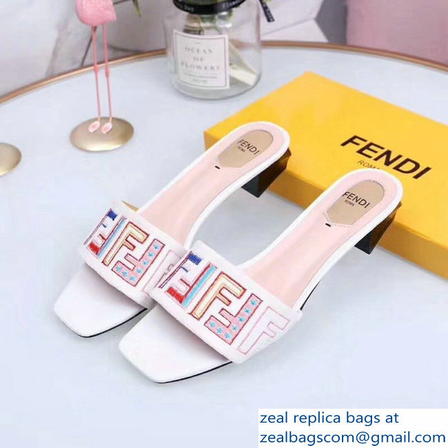 Fendi Heel 3.5cm Square-Toe Multicolour FF Logo Slides White 2019 - Click Image to Close