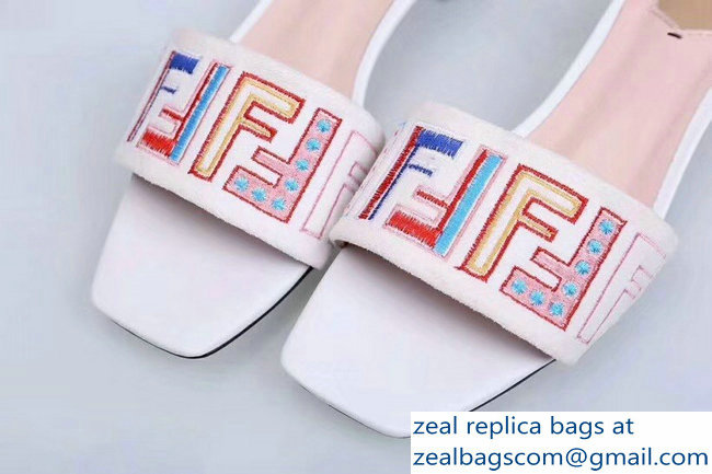 Fendi Heel 3.5cm Square-Toe Multicolour FF Logo Slides White 2019 - Click Image to Close