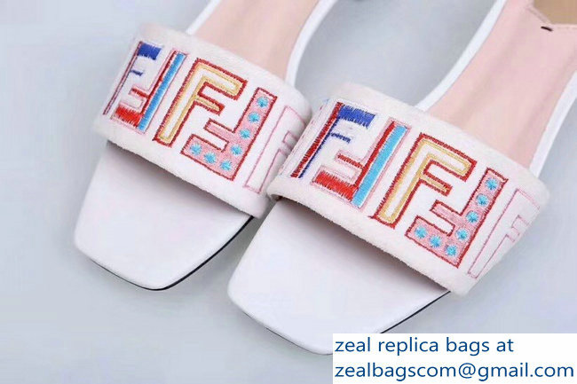 Fendi Heel 3.5cm Square-Toe Multicolour FF Logo Slides White 2019