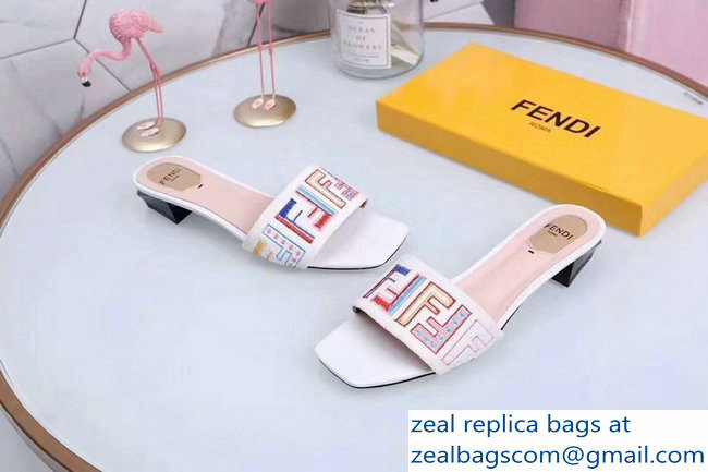 Fendi Heel 3.5cm Square-Toe Multicolour FF Logo Slides White 2019