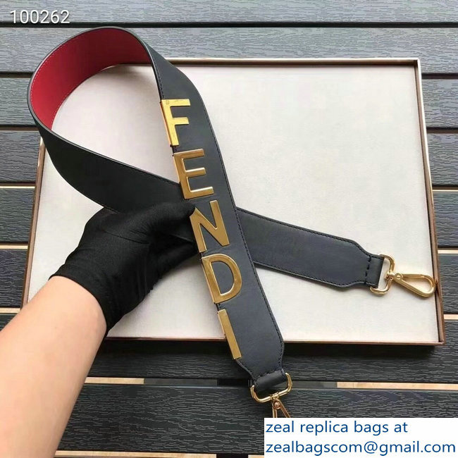 Fendi Leather Long Shoulder Strap You Black/Gold Logo - Click Image to Close
