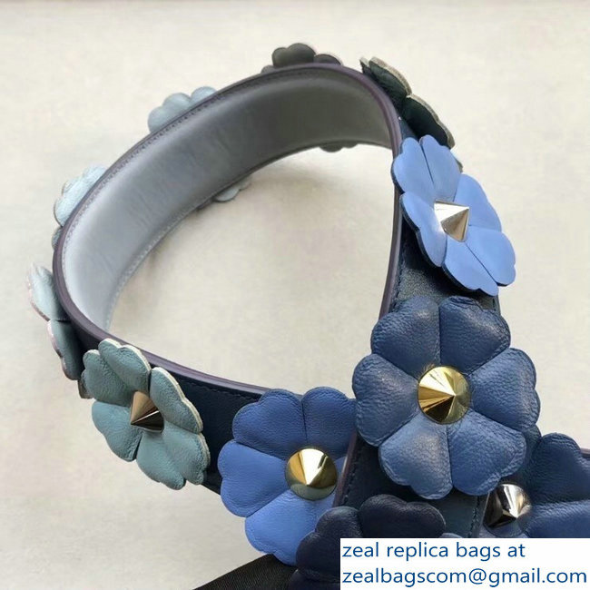 Fendi Leather Long Shoulder Strap You Flower Studs Blue - Click Image to Close