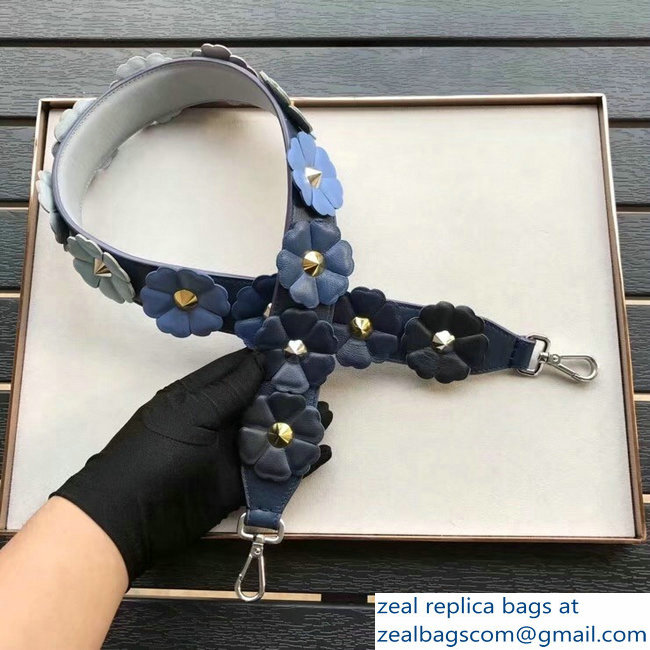 Fendi Leather Long Shoulder Strap You Flower Studs Blue - Click Image to Close