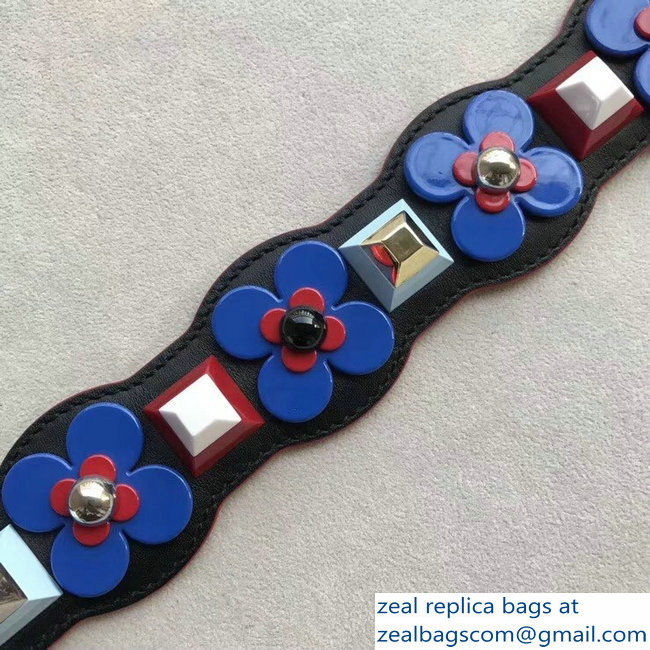 Fendi Leather Long Shoulder Strap You Flower Studs Wave Black