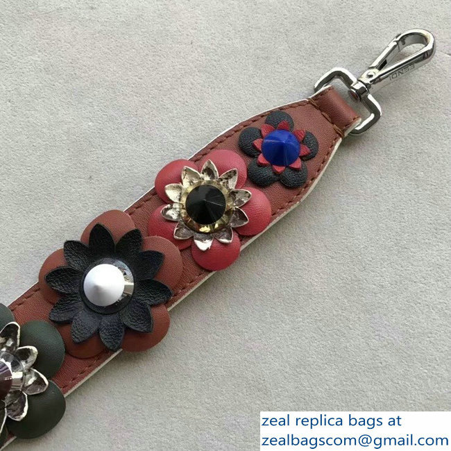 Fendi Leather Long Shoulder Strap You Flowerland Brown