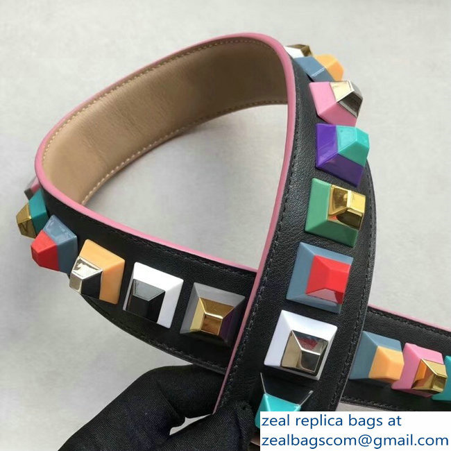 Fendi Leather Long Shoulder Strap You Multicolor Studs Black