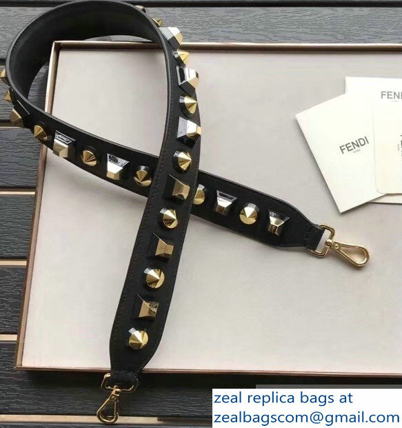 Fendi Leather Long Shoulder Strap You Studs Black/Gold