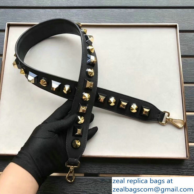 Fendi Leather Long Shoulder Strap You Studs Black/Gold