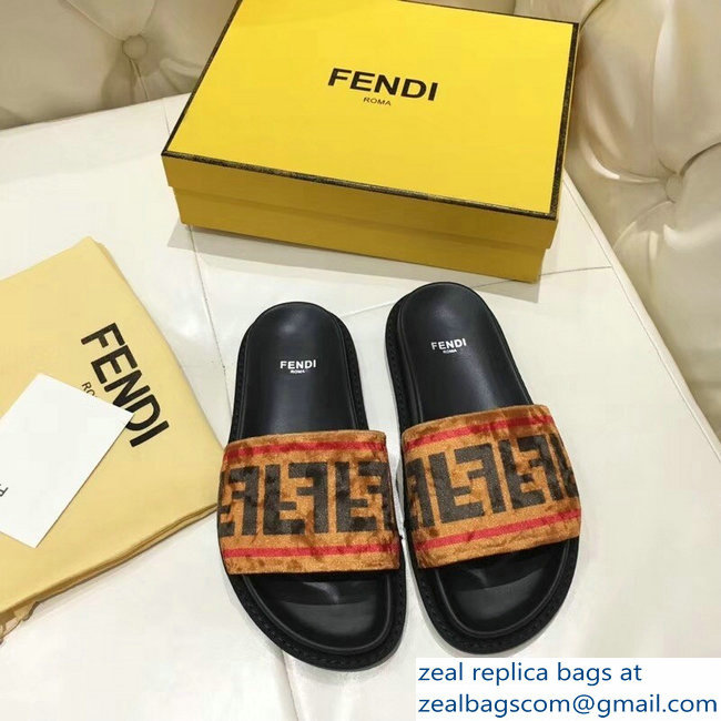 Fendi Slides FF Logo Velvet Brown 2019