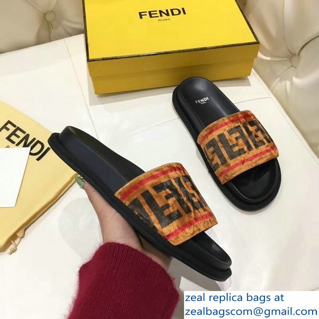 Fendi Slides FF Logo Velvet Brown 2019